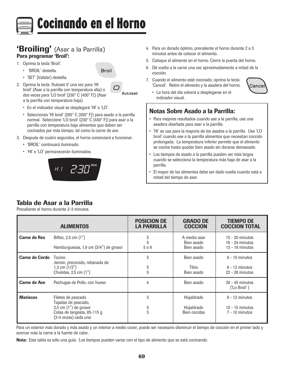 Cocinando en el horno, Broiling, Asar a la parrilla) | Tabla de asar a la parrilla, Notas sobre asado a la parrilla | Amana AGR5835QDW User Manual | Page 70 / 84