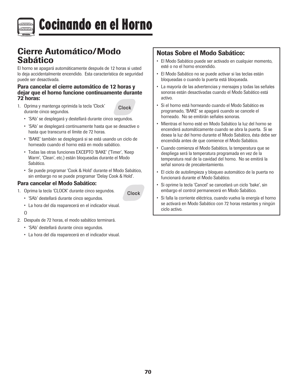 Cocinando en el horno, Cierre automático/modo sabático, Notas sobre el modo sabático | Amana AGR5835QDW User Manual | Page 71 / 84