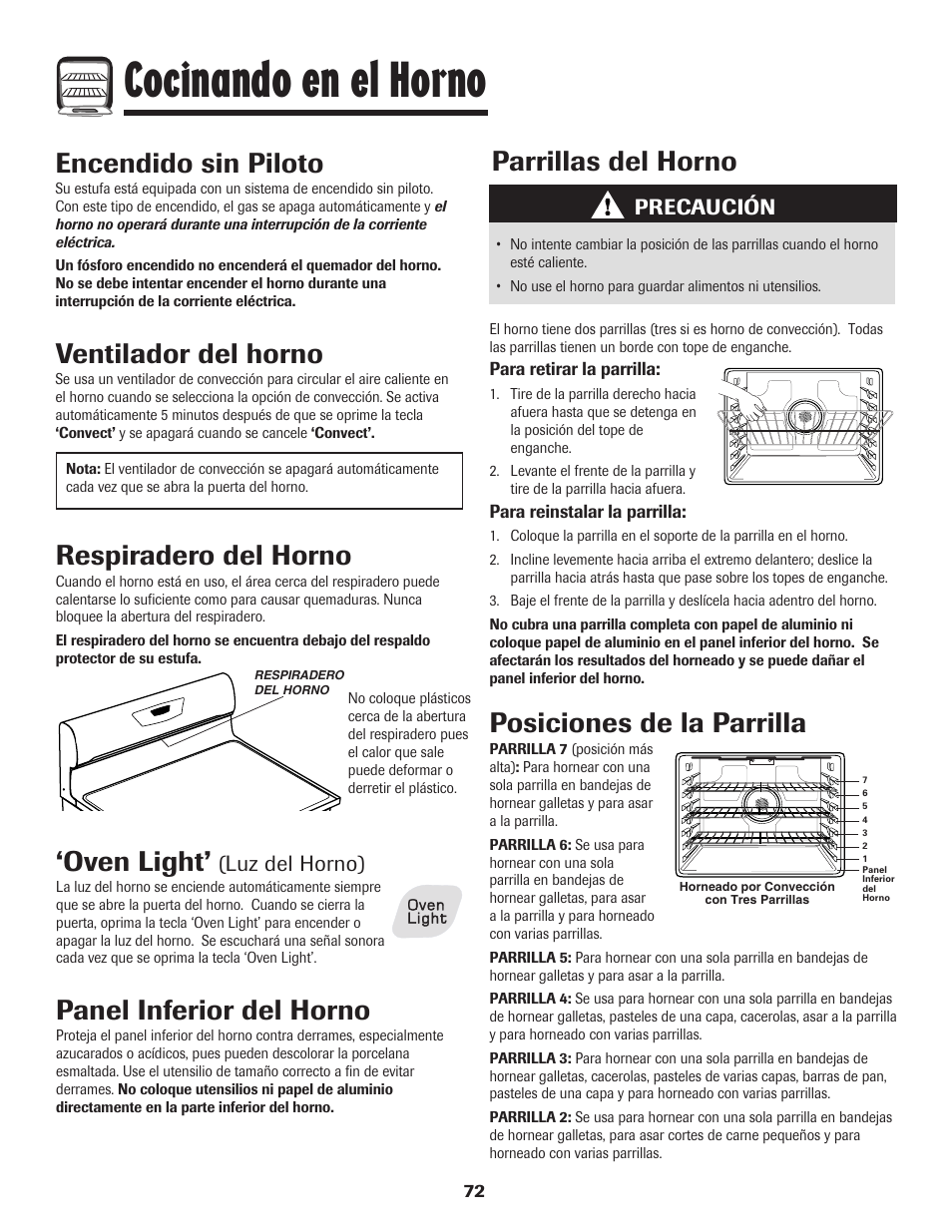 Cocinando en el horno, Oven light, Panel inferior del horno | Ventilador del horno, Respiradero del horno, Parrillas del horno, Posiciones de la parrilla, Encendido sin piloto, Luz del horno), Precaución | Amana AGR5835QDW User Manual | Page 73 / 84