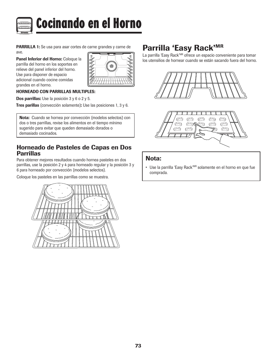 Cocinando en el horno, Parrilla ‘easy rack, Nota | Horneado de pasteles de capas en dos parrillas | Amana AGR5835QDW User Manual | Page 74 / 84