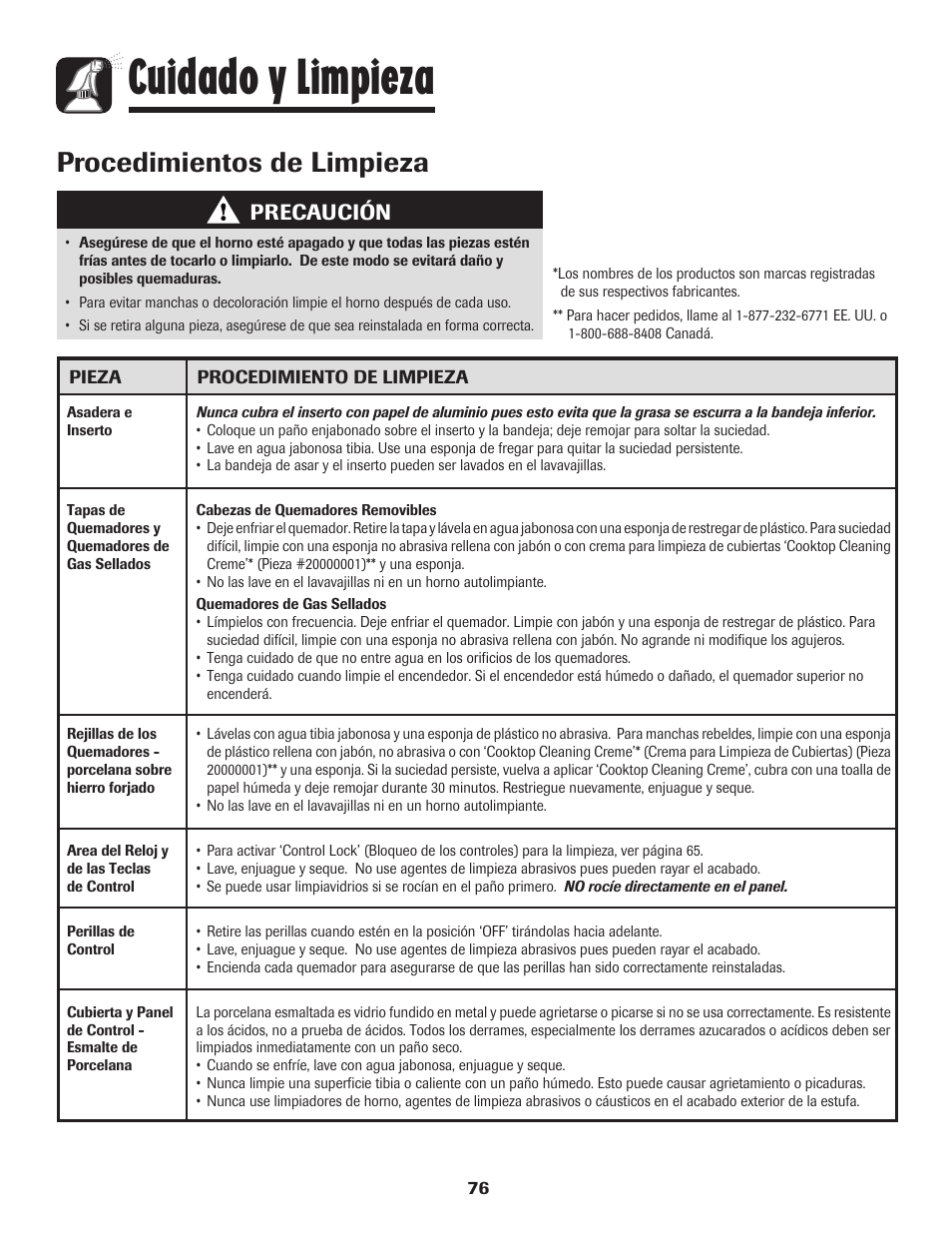 Cuidado y limpieza, Procedimientos de limpieza, Precaución | Amana AGR5835QDW User Manual | Page 77 / 84