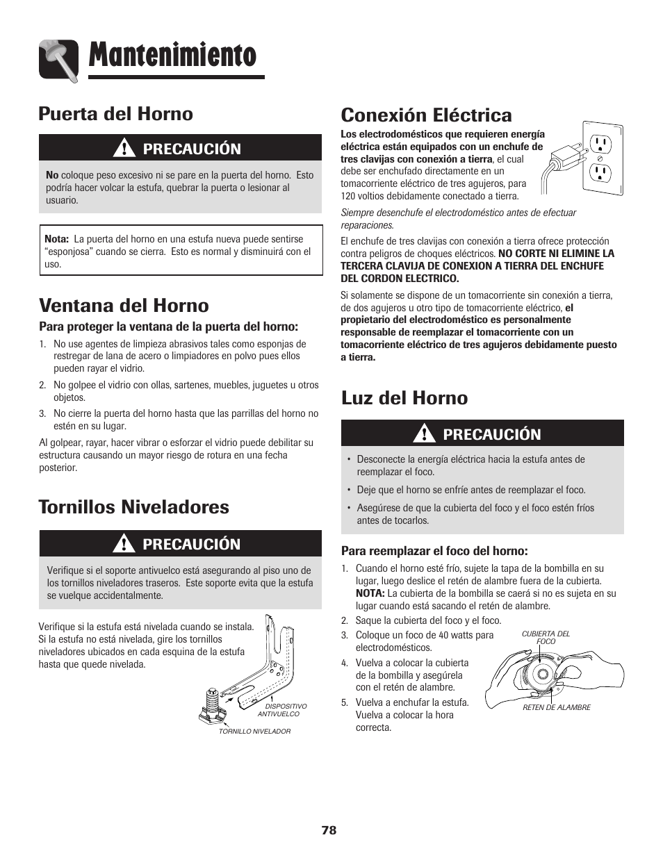 Mantenimiento, Puerta del horno, Ventana del horno | Luz del horno conexión eléctrica, Tornillos niveladores, Precaución | Amana AGR5835QDW User Manual | Page 79 / 84