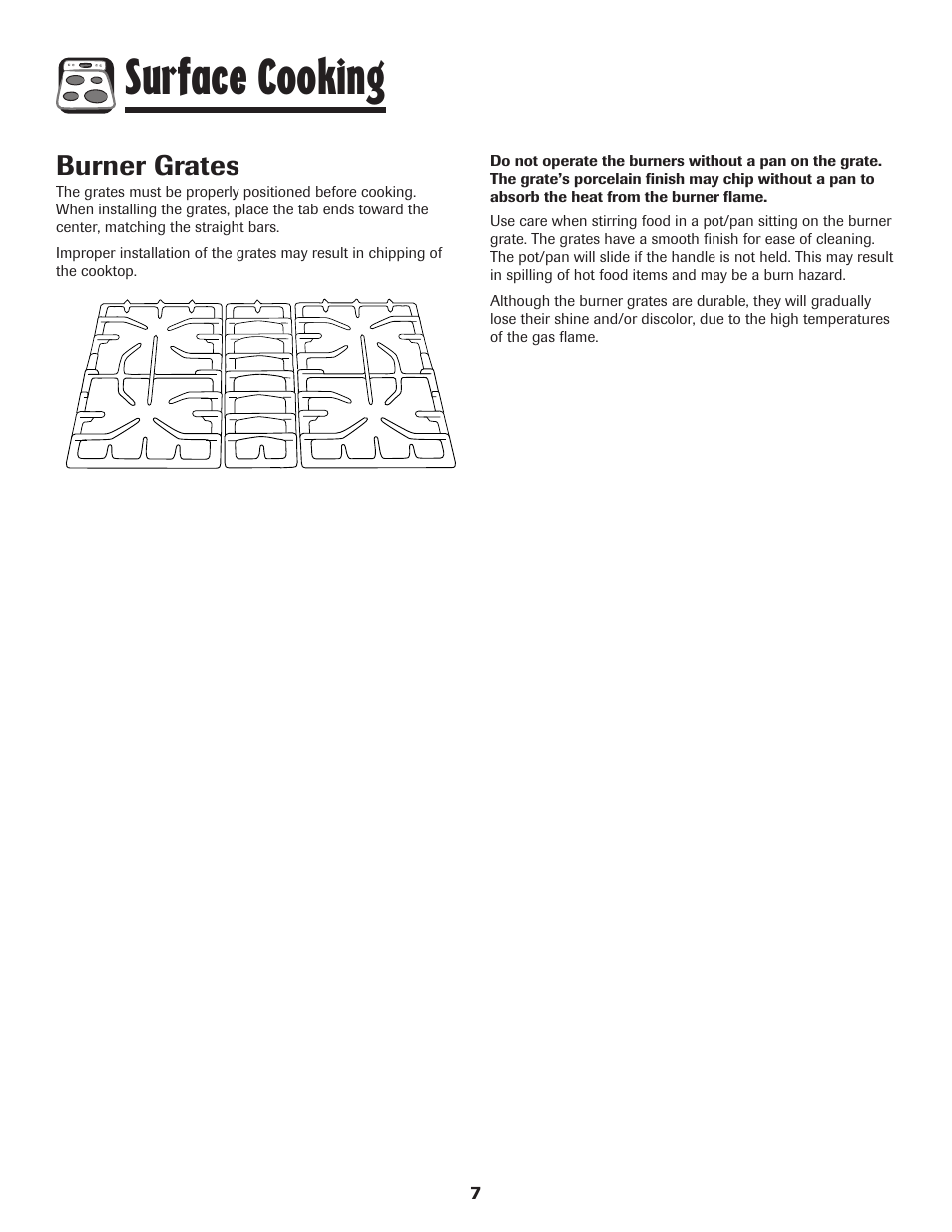 Surface cooking, Burner grates | Amana AGR5835QDW User Manual | Page 8 / 84