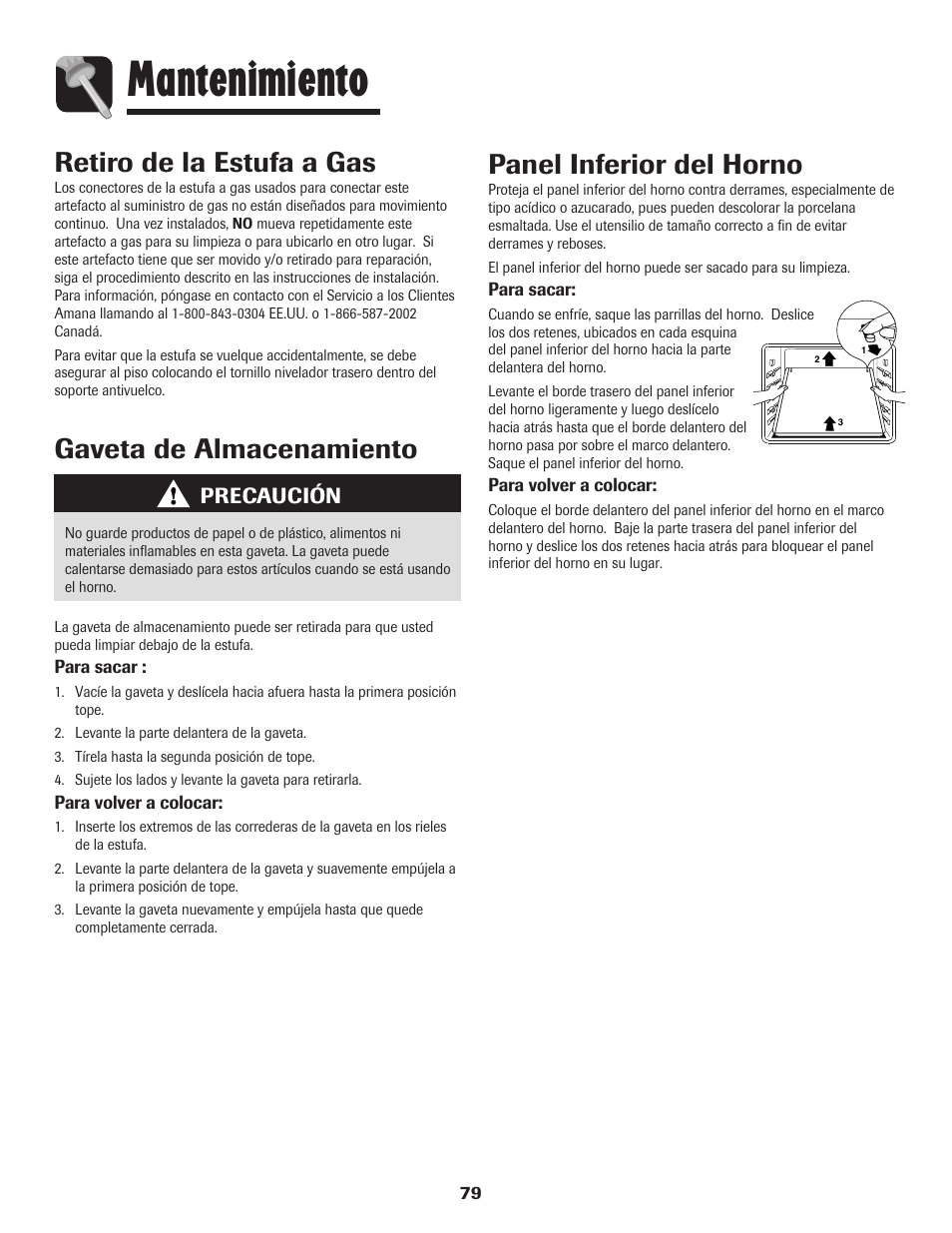 Mantenimiento, Gaveta de almacenamiento, Retiro de la estufa a gas | Panel inferior del horno, Precaución | Amana AGR5835QDW User Manual | Page 80 / 84