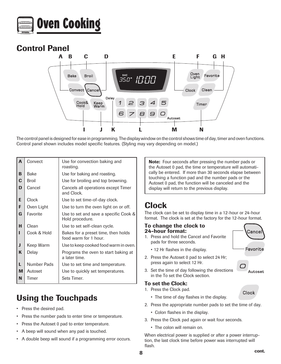 Oven cooking, Control panel, Using the touchpads | Clock | Amana AGR5835QDW User Manual | Page 9 / 84