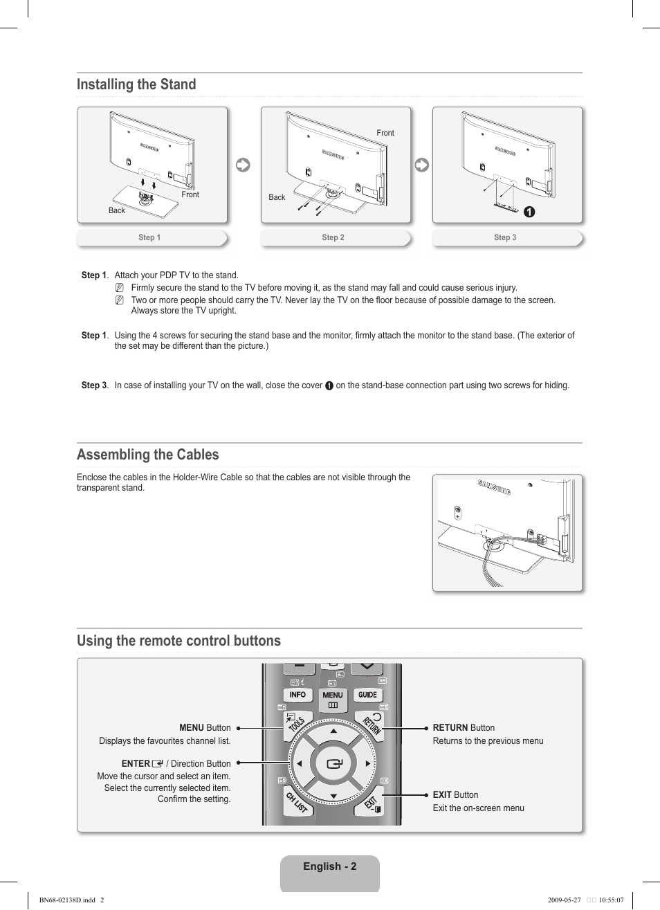 Installing the stand, Assembling the cables, Using the remote control buttons | Samsung PS50B560T7W User Manual | Page 2 / 4