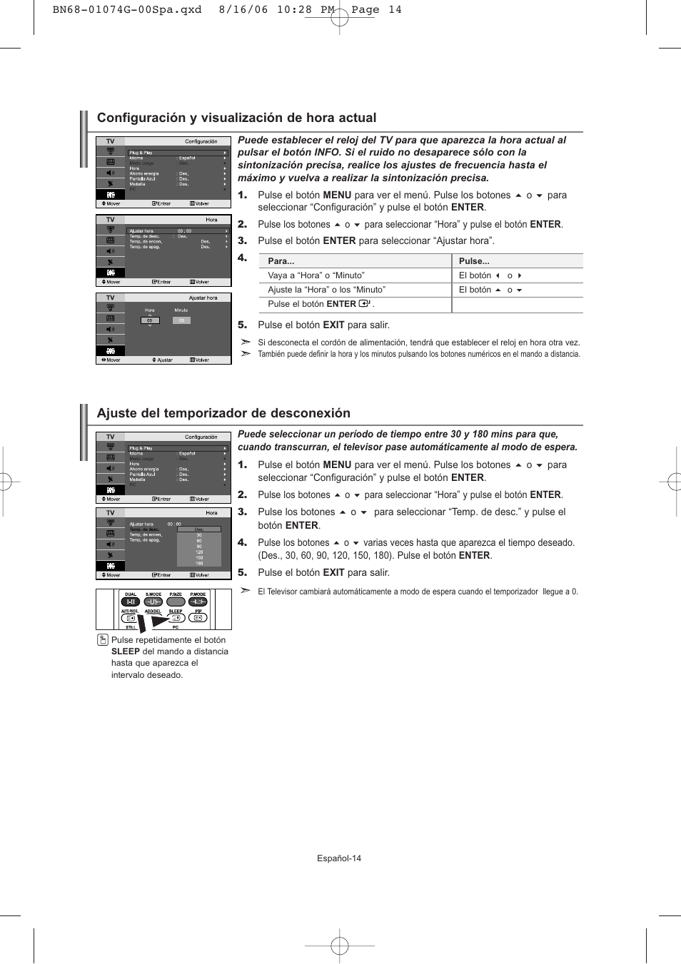 Configuración y visualización de hora actual, Ajuste del temporizador de desconexión | Samsung LE23R71B User Manual | Page 100 / 152