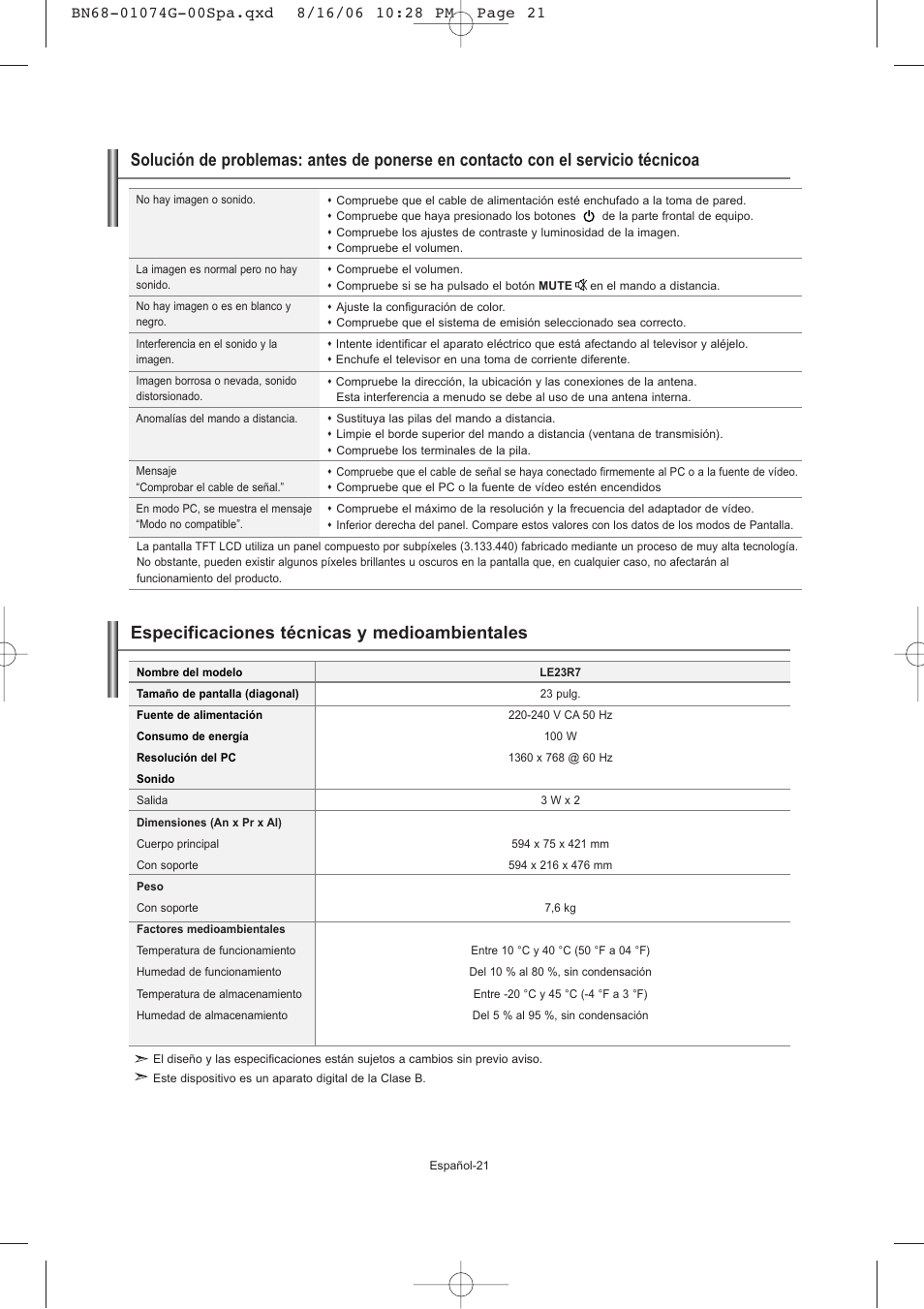 Especificaciones técnicas y medioambientales | Samsung LE23R71B User Manual | Page 107 / 152