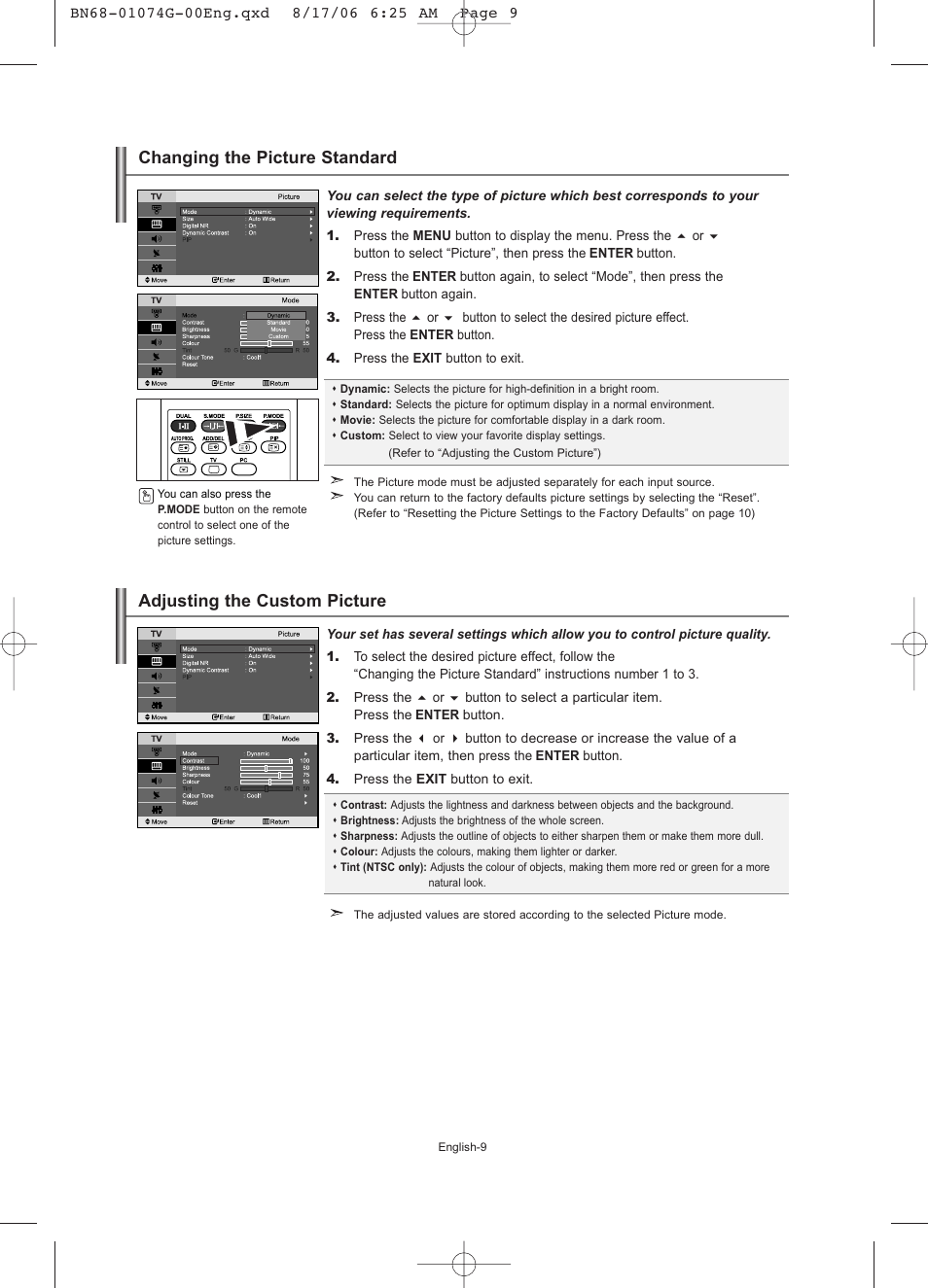 Setting the picture, Changing the picture standard, Adjusting the custom picture | Samsung LE23R71B User Manual | Page 11 / 152