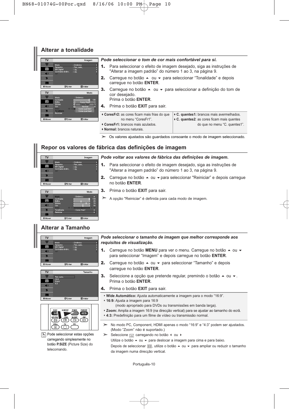 Alterar a tamanho, Alterar a tonalidade | Samsung LE23R71B User Manual | Page 117 / 152