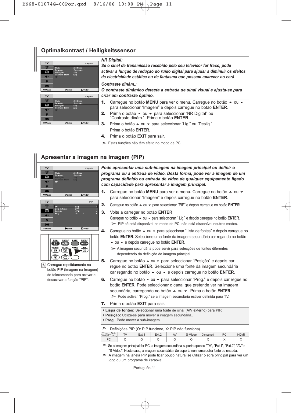 Apresentar a imagem na imagem (pip), Optimalkontrast / helligkeitssensor | Samsung LE23R71B User Manual | Page 118 / 152