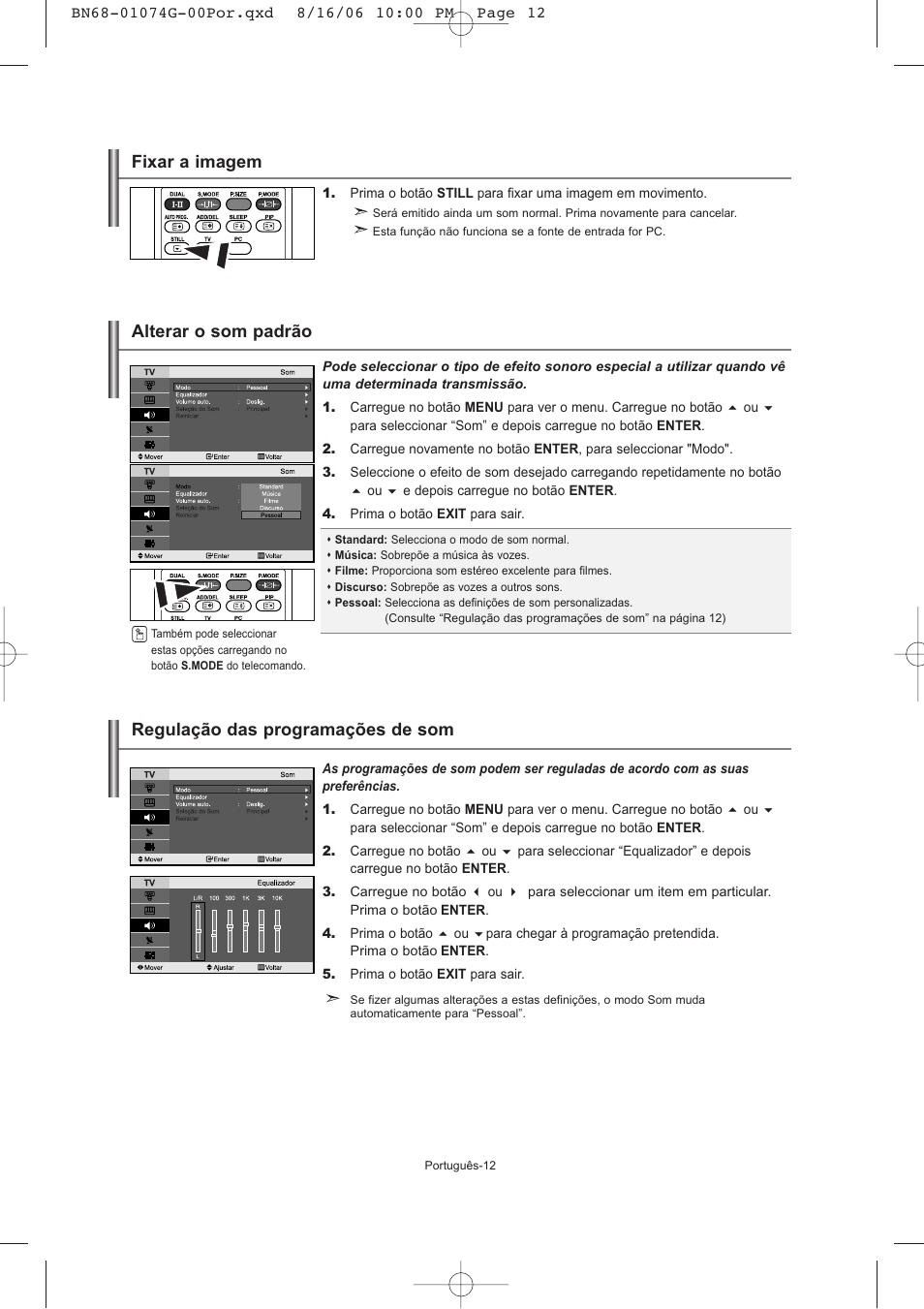 Regulação das programações de som, Alterar o som padrão, Fixar a imagem | Samsung LE23R71B User Manual | Page 119 / 152