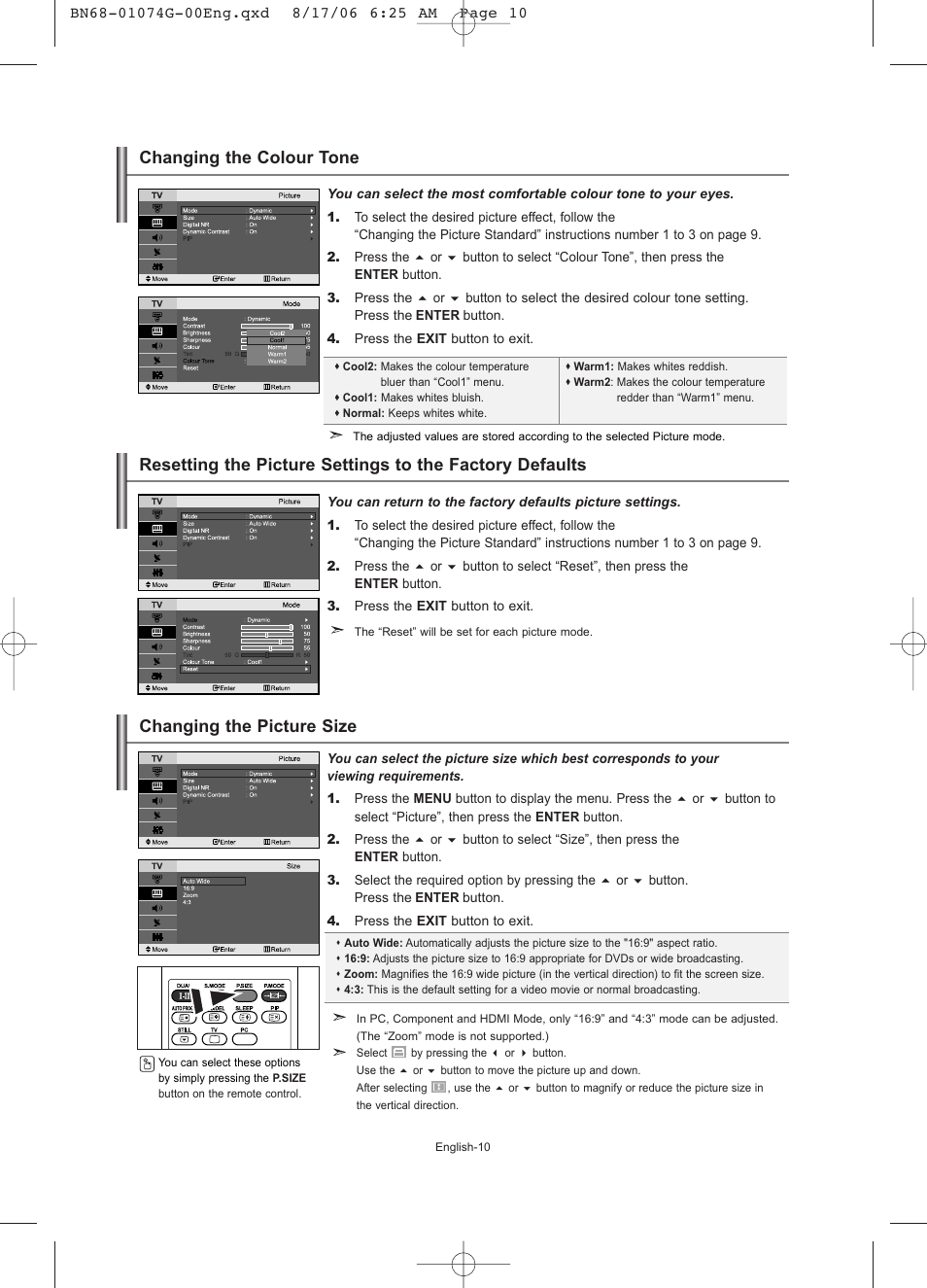 Changing the colour tone, Changing the picture size | Samsung LE23R71B User Manual | Page 12 / 152