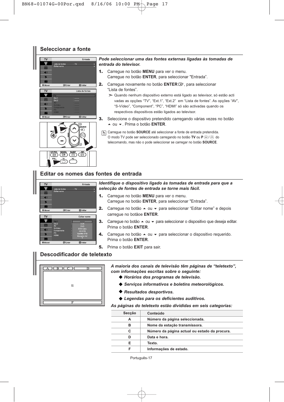 Descodificador de teletexto, Editar os nomes das fontes de entrada, Seleccionar a fonte | Samsung LE23R71B User Manual | Page 124 / 152