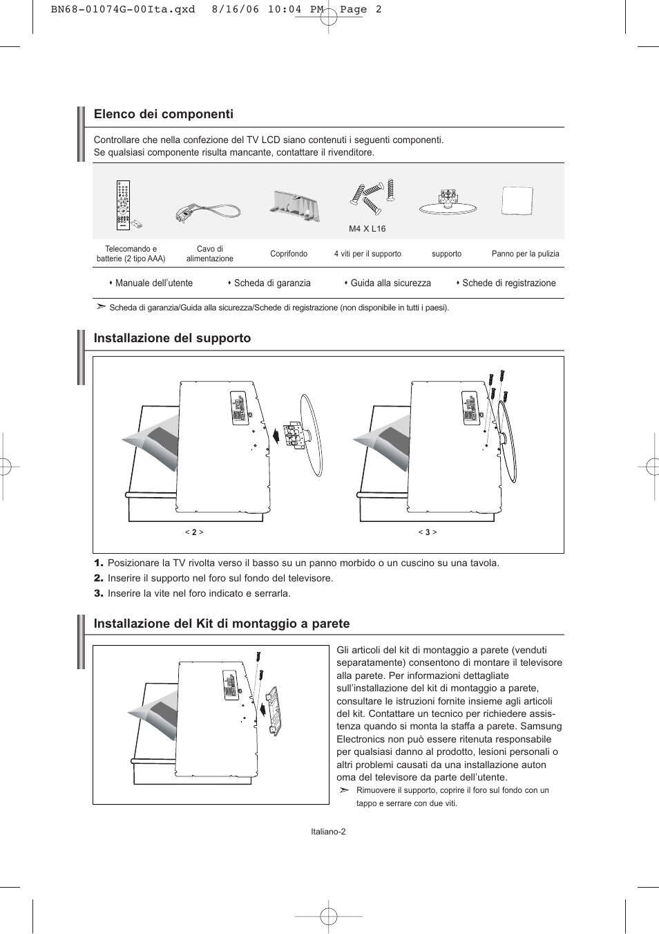Elenco dei componenti, Installazione del supporto, Installazione del kit di montaggio a parete | Samsung LE23R71B User Manual | Page 130 / 152