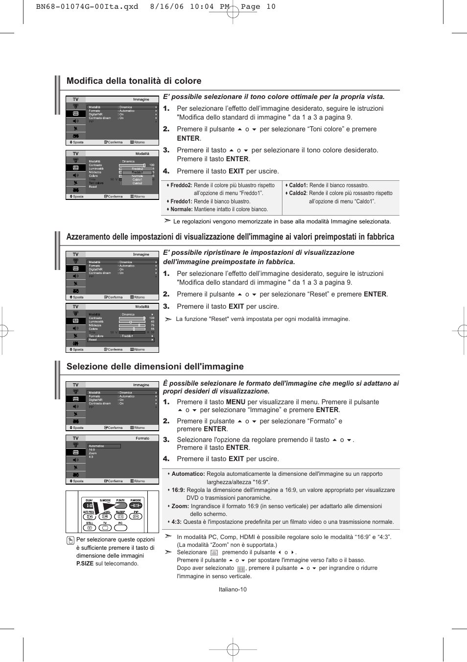 Selezione delle dimensioni dell'immagine, Modifica della tonalità di colore | Samsung LE23R71B User Manual | Page 138 / 152