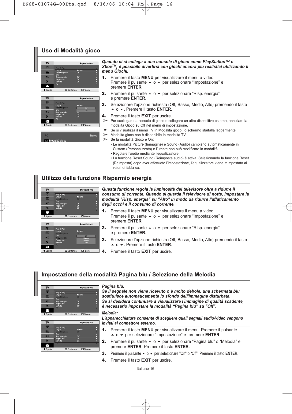 Utilizzo della funzione risparmio energia, Uso di modalità gioco | Samsung LE23R71B User Manual | Page 144 / 152