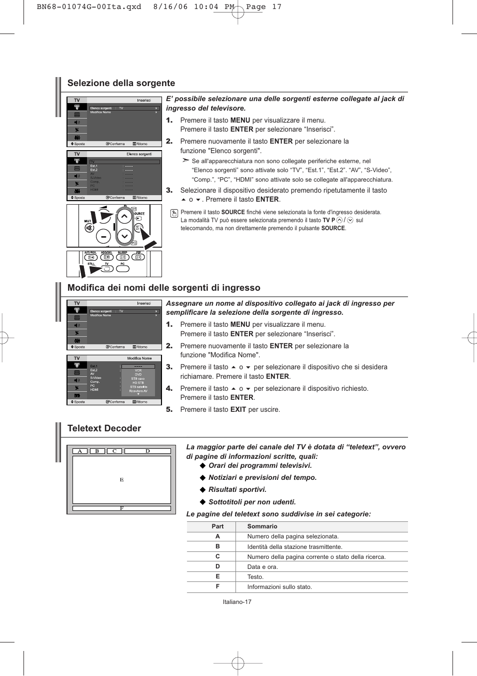 Teletext decoder, Modifica dei nomi delle sorgenti di ingresso, Selezione della sorgente | Samsung LE23R71B User Manual | Page 145 / 152