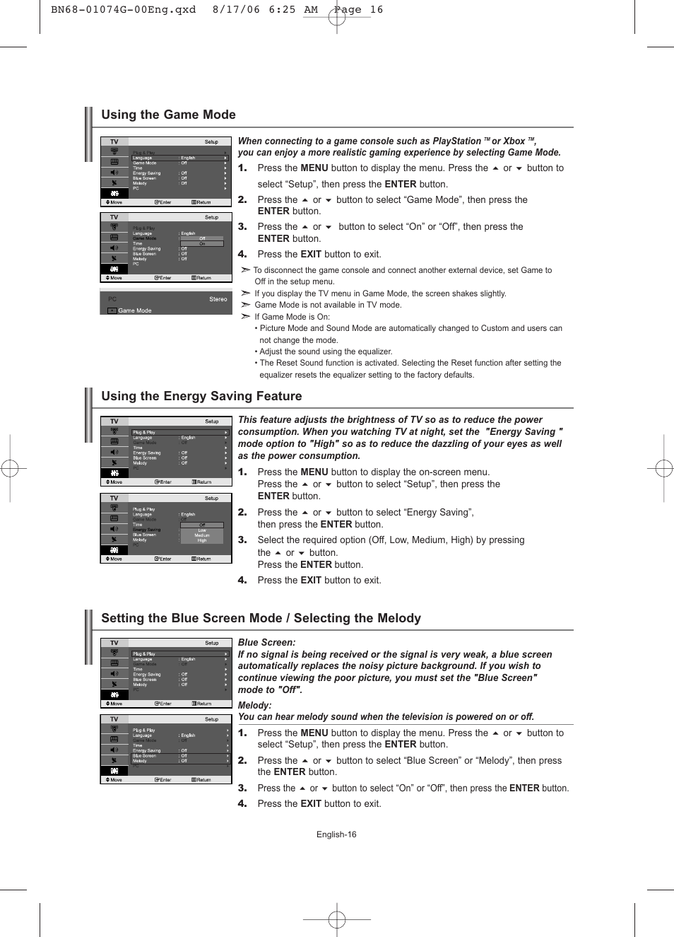 Using the game mode, Using the energy saving feature | Samsung LE23R71B User Manual | Page 18 / 152