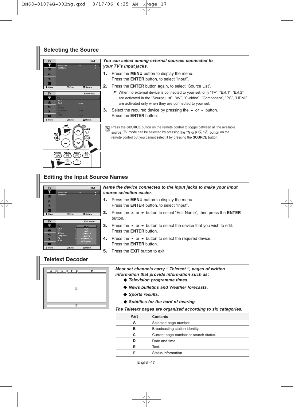 Selecting the source, Editing the input source names, Using the teletext feature | Teletext decoder | Samsung LE23R71B User Manual | Page 19 / 152