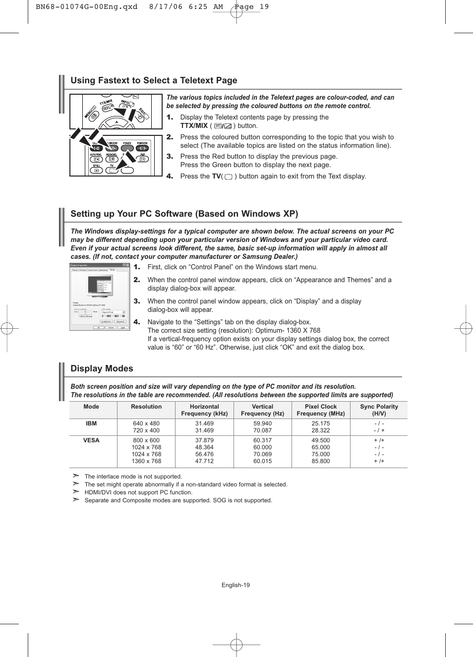Setting the pc, Setting up your pc software (based on windows xp), Display modes | Using fastext to select a teletext page | Samsung LE23R71B User Manual | Page 21 / 152