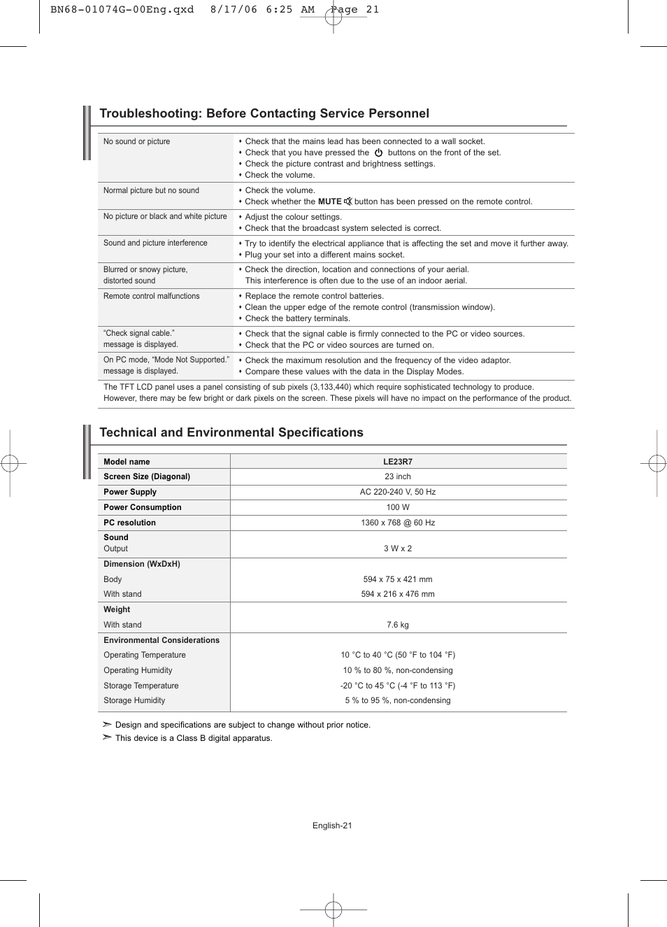 Recommendations for use, Technical and environmental specifications | Samsung LE23R71B User Manual | Page 23 / 152