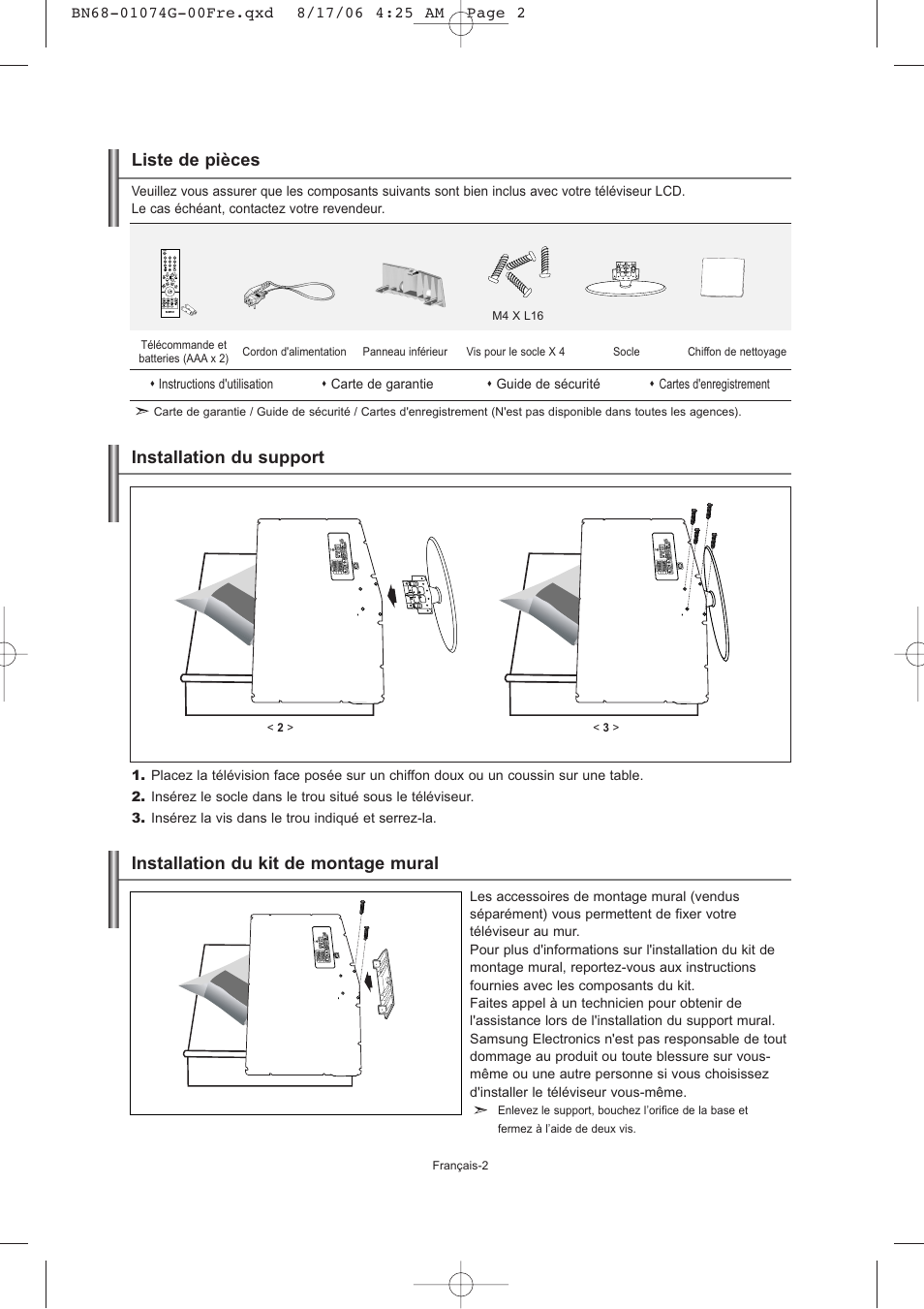 Liste de pièces, Installation du support, Installation du kit de montage mural | Samsung LE23R71B User Manual | Page 25 / 152