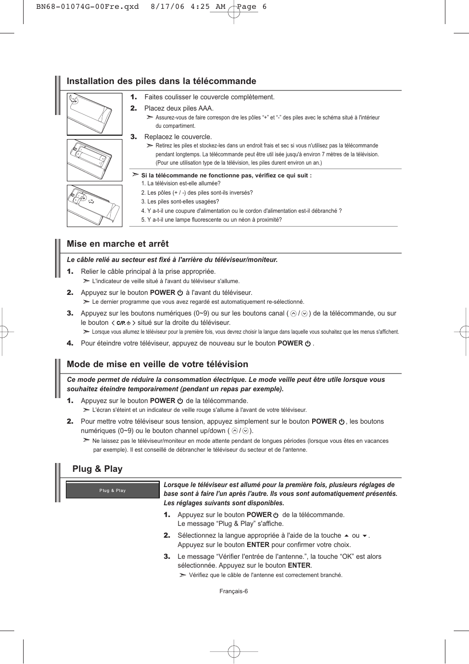 Plug & play, Installation des piles dans la télécommande | Samsung LE23R71B User Manual | Page 29 / 152