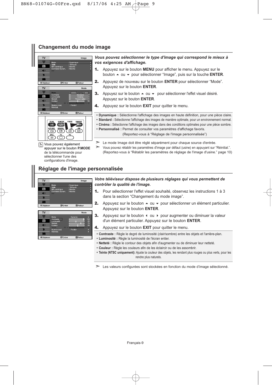 Changement du mode image, Réglage de l'image personnalisée | Samsung LE23R71B User Manual | Page 32 / 152