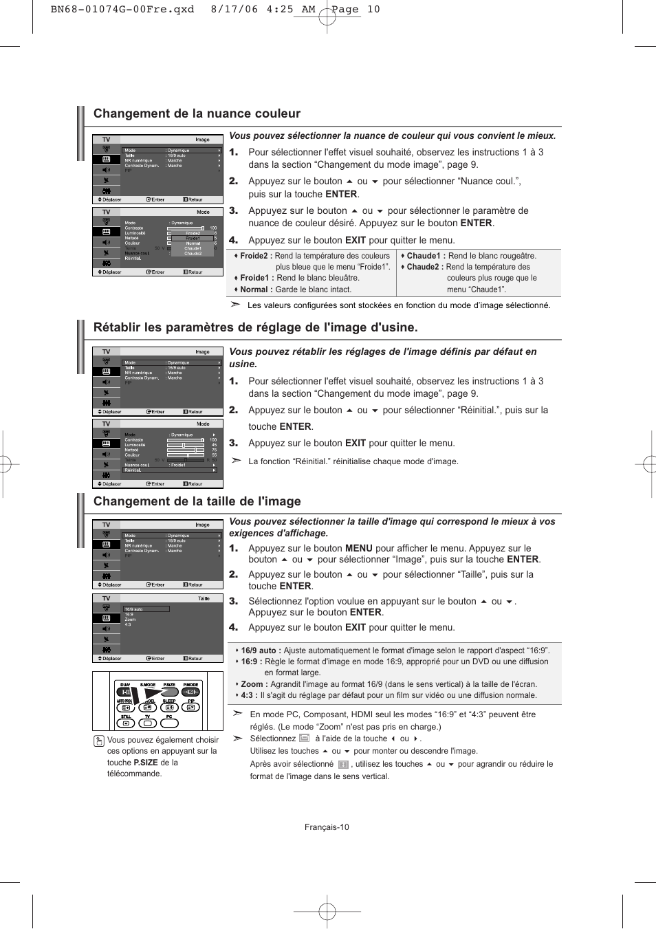 Changement de la taille de l'image, Changement de la nuance couleur | Samsung LE23R71B User Manual | Page 33 / 152