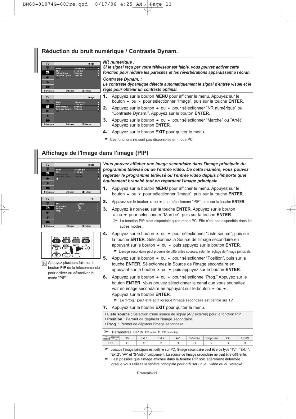 Affichage de l'image dans l'image (pip), Réduction du bruit numérique / contraste dynam | Samsung LE23R71B User Manual | Page 34 / 152