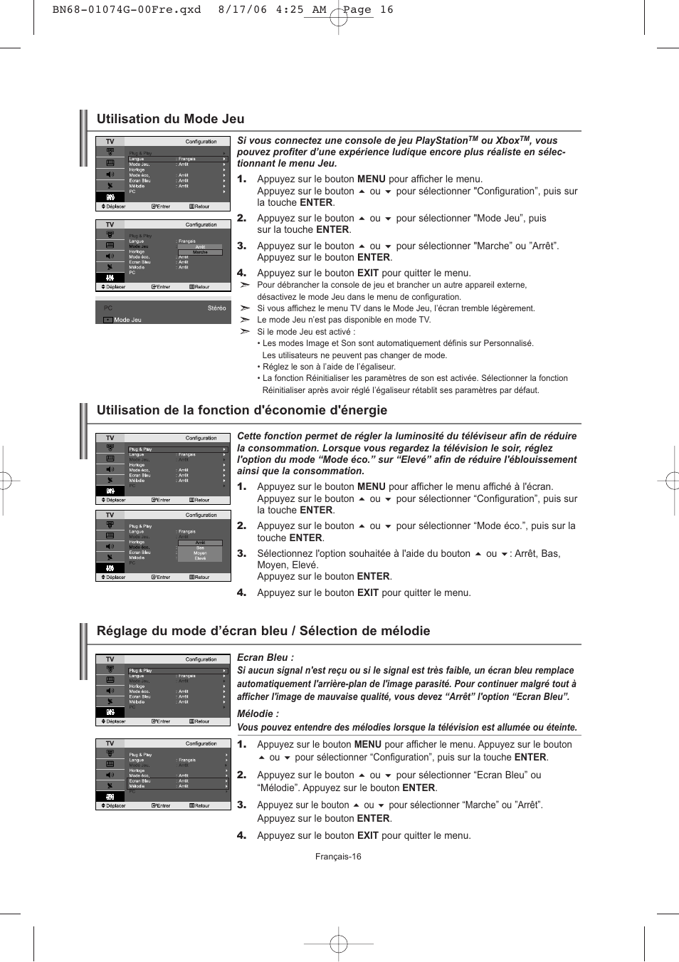 Utilisation de la fonction d'économie d'énergie, Utilisation du mode jeu | Samsung LE23R71B User Manual | Page 39 / 152