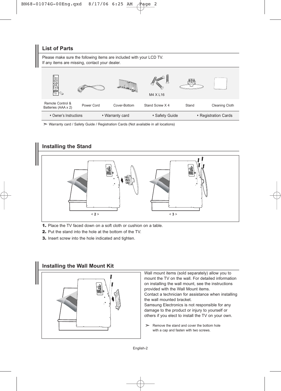 Connecting and preparing your tv, List of parts, Installing the stand | Installing the wall mount kit, Installing the stand installing the wall mount kit | Samsung LE23R71B User Manual | Page 4 / 152