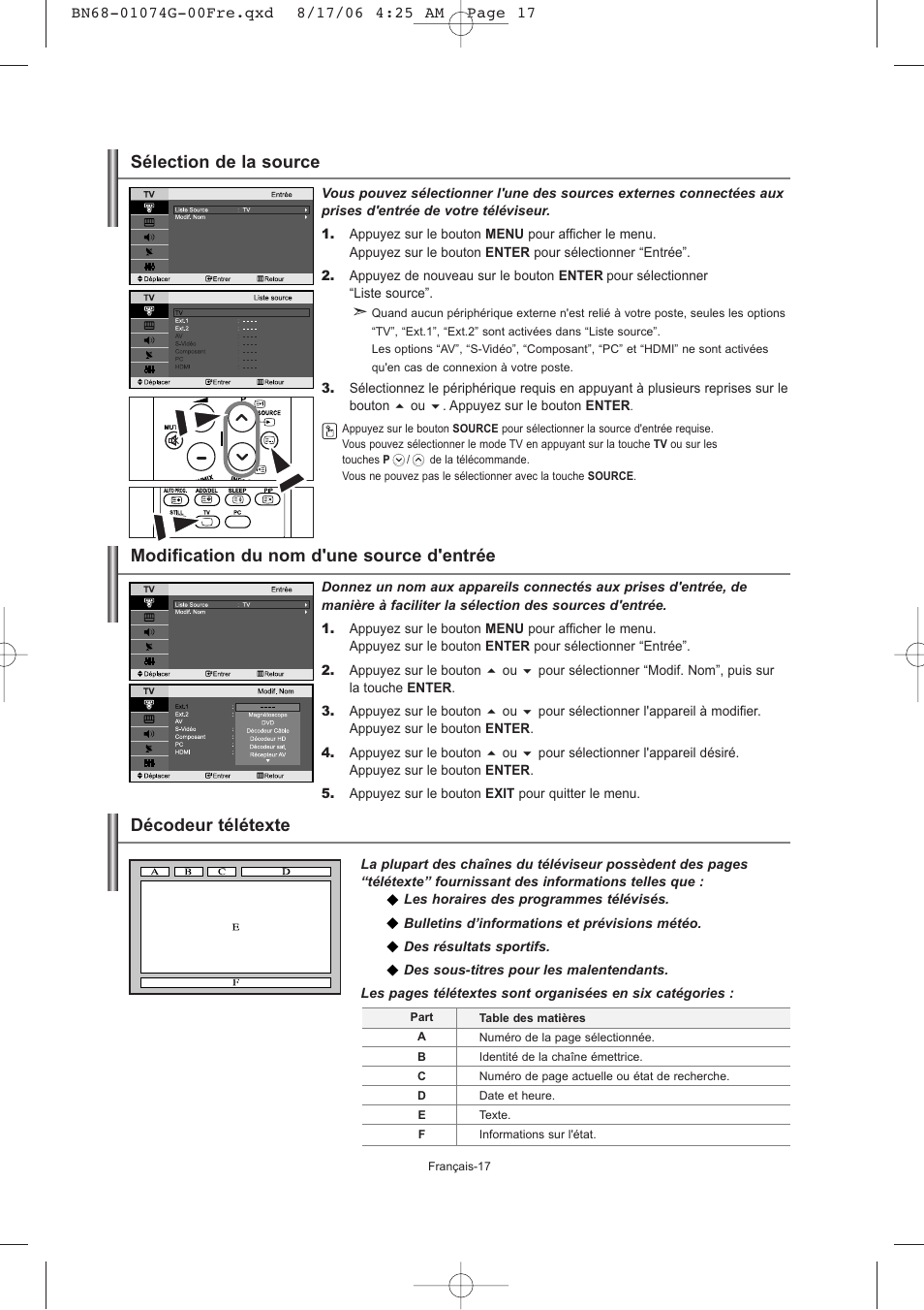 Décodeur télétexte, Modification du nom d'une source d'entrée, Sélection de la source | Samsung LE23R71B User Manual | Page 40 / 152