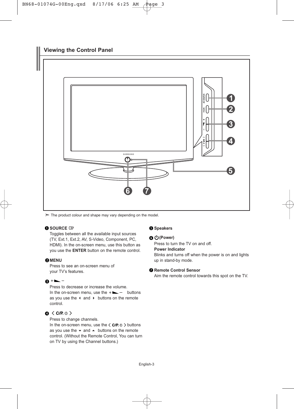 Viewing the control panel | Samsung LE23R71B User Manual | Page 5 / 152
