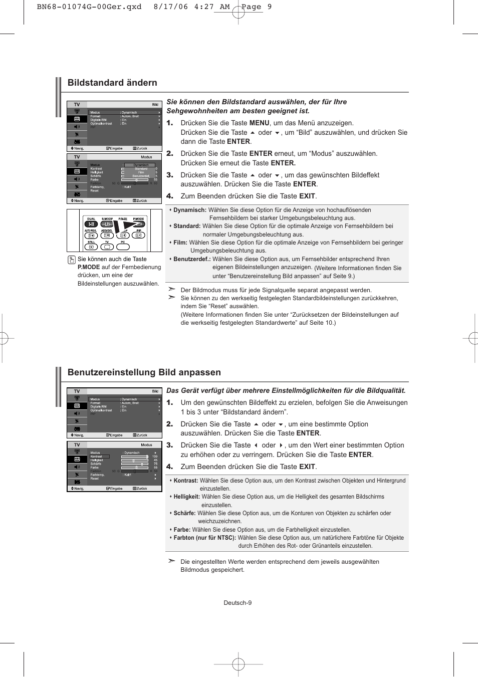 Bildstandard ändern, Benutzereinstellung bild anpassen | Samsung LE23R71B User Manual | Page 53 / 152