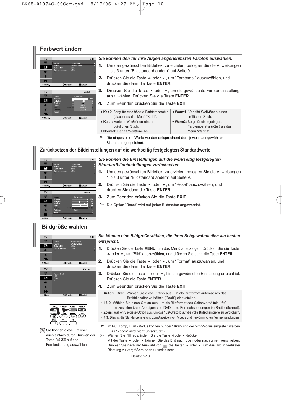 Bildgröße wählen, Farbwert ändern | Samsung LE23R71B User Manual | Page 54 / 152