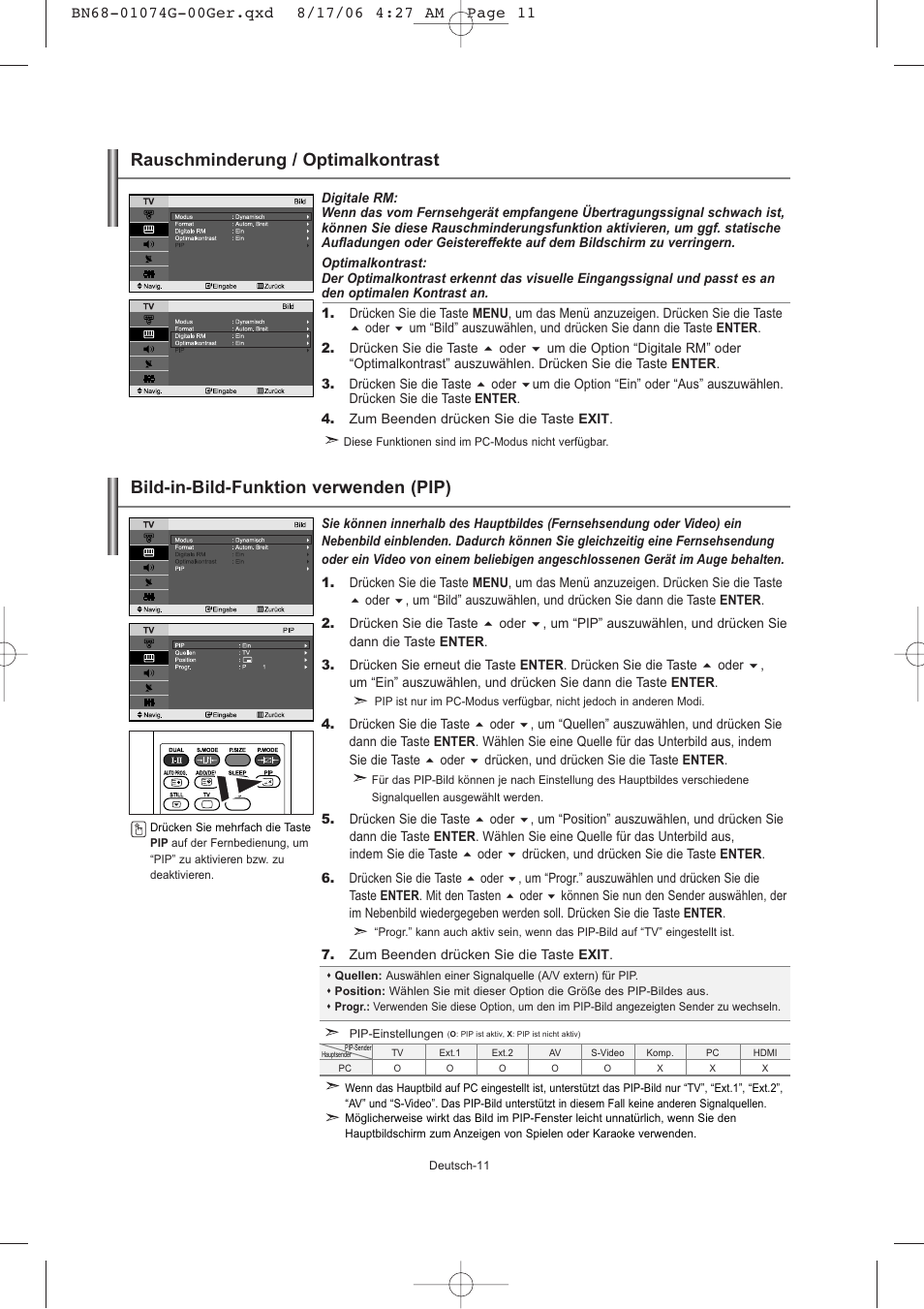 Bild-in-bild-funktion verwenden (pip), Rauschminderung / optimalkontrast | Samsung LE23R71B User Manual | Page 55 / 152