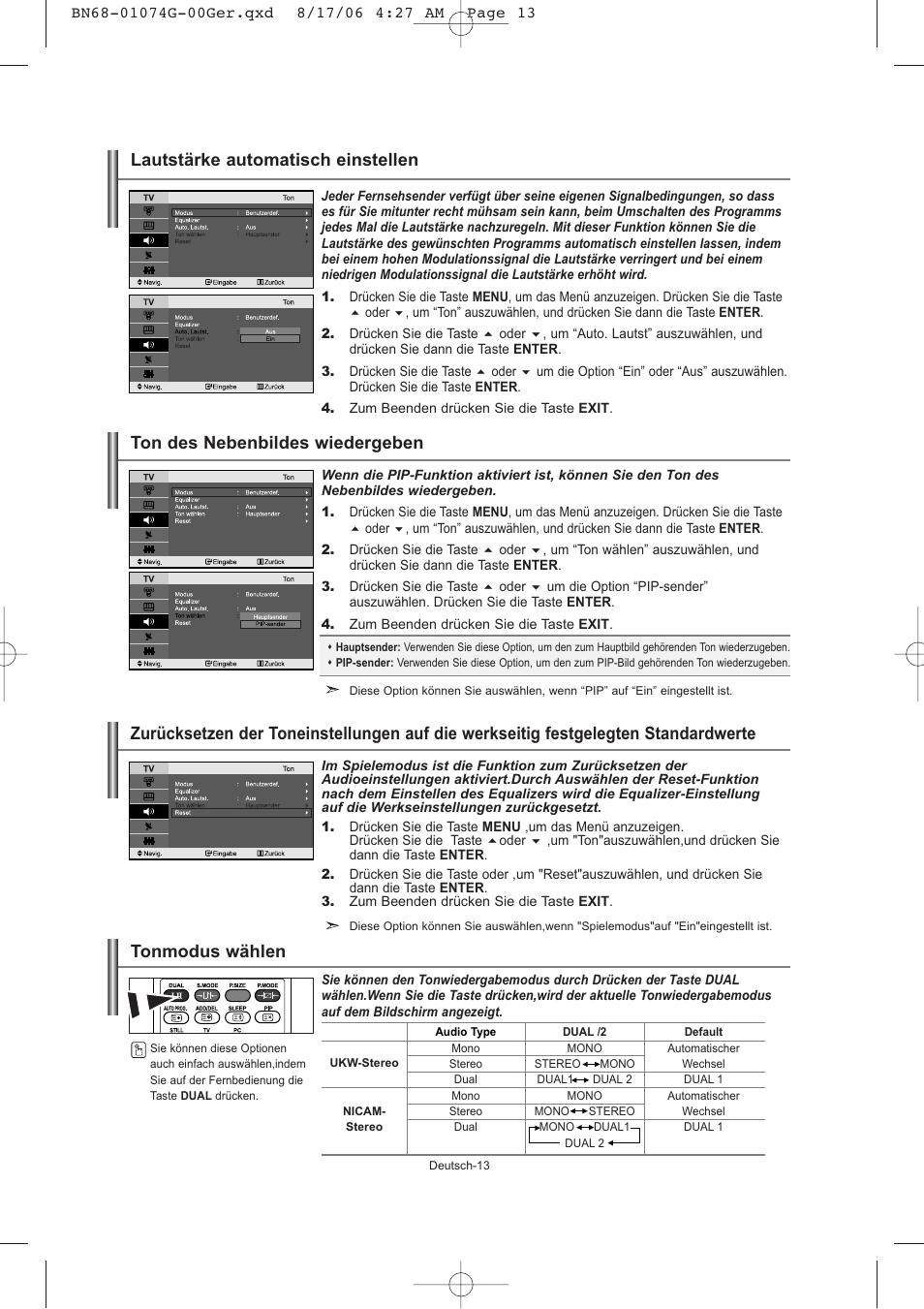 Ton des nebenbildes wiedergeben, Lautstärke automatisch einstellen | Samsung LE23R71B User Manual | Page 57 / 152