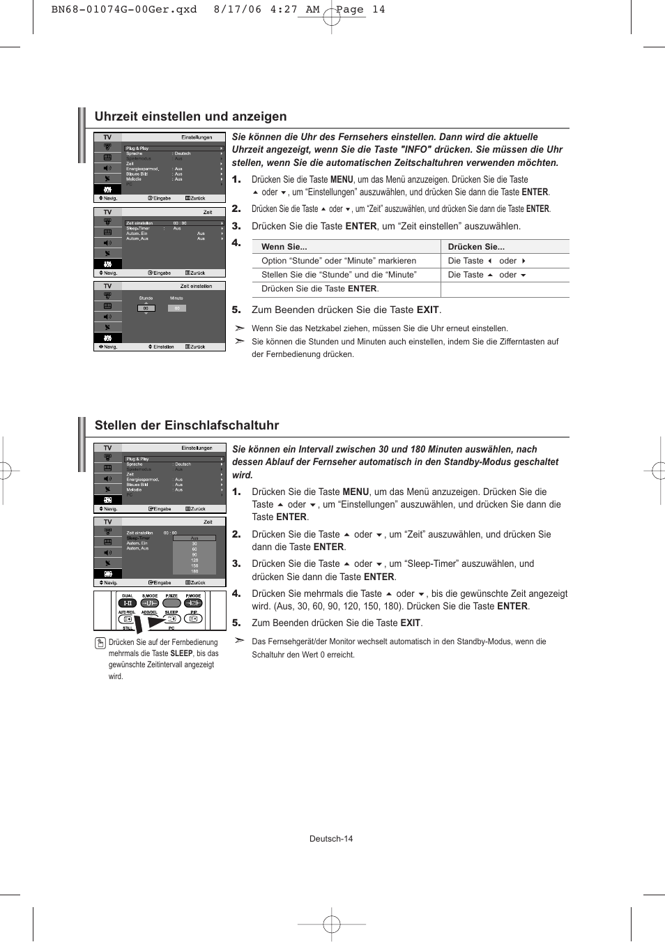 Stellen der einschlafschaltuhr, Uhrzeit einstellen und anzeigen | Samsung LE23R71B User Manual | Page 58 / 152