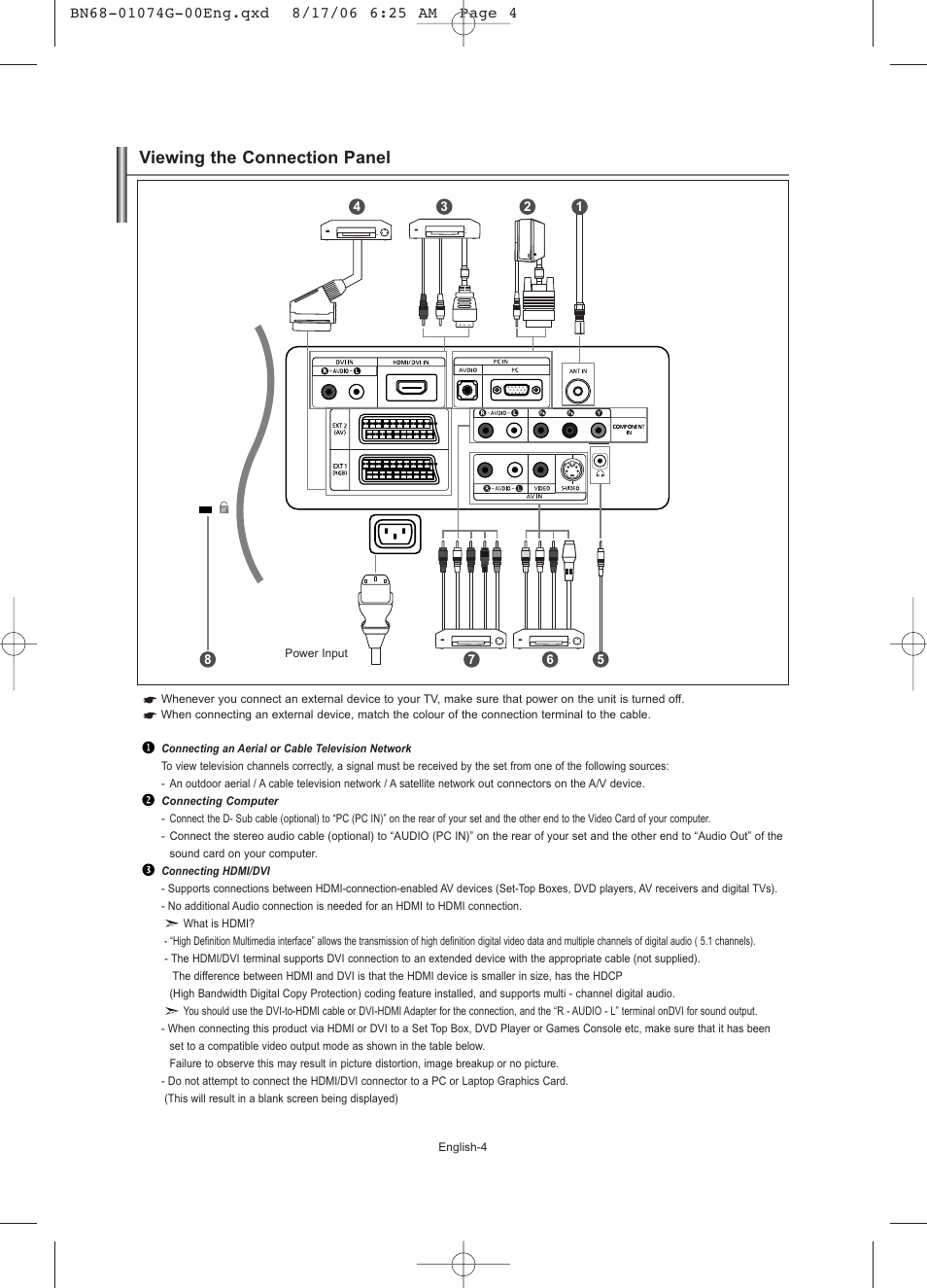 Viewing the connection panel | Samsung LE23R71B User Manual | Page 6 / 152