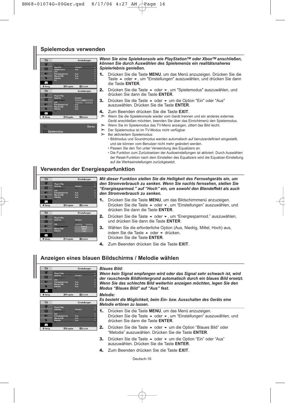 Verwenden der energiesparfunktion, Anzeigen eines blauen bildschirms / melodie wählen, Spielemodus verwenden | Samsung LE23R71B User Manual | Page 60 / 152