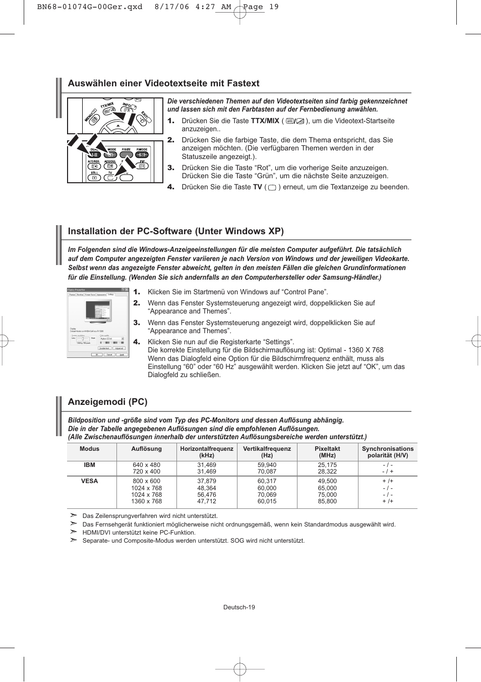 Auswählen einer videotextseite mit fastext, Installation der pc-software (unter windows xp), Anzeigemodi (pc) | Samsung LE23R71B User Manual | Page 63 / 152