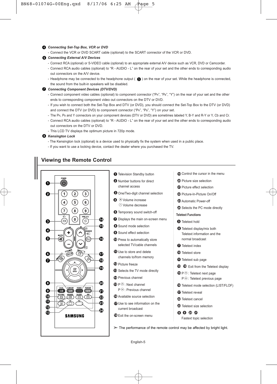 Viewing the remote control | Samsung LE23R71B User Manual | Page 7 / 152