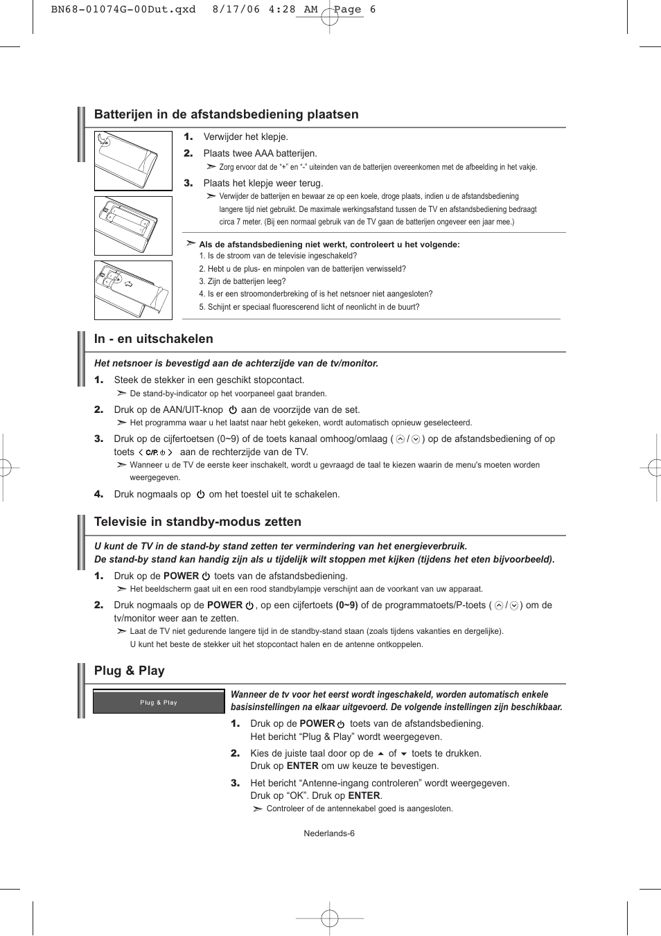 Plug & play, Batterijen in de afstandsbediening plaatsen | Samsung LE23R71B User Manual | Page 71 / 152