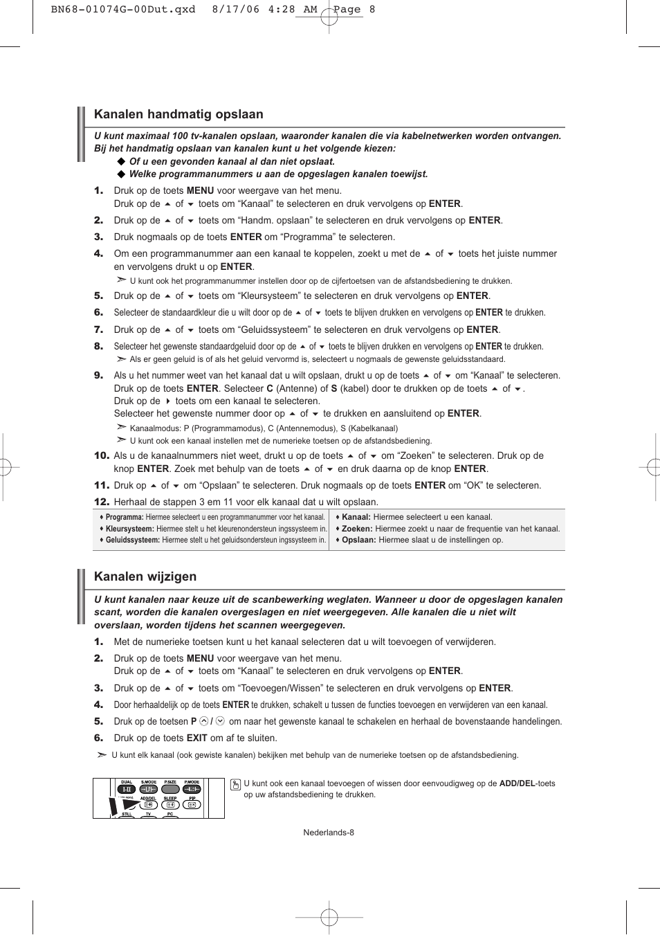 Kanalen handmatig opslaan, Kanalen wijzigen | Samsung LE23R71B User Manual | Page 73 / 152