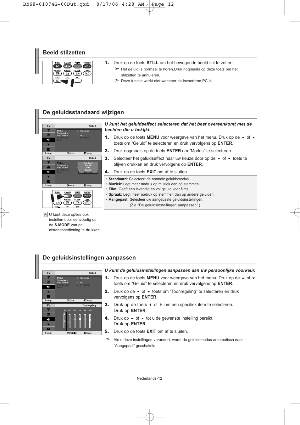De geluidsinstellingen aanpassen, De geluidsstandaard wijzigen, Beeld stilzetten | Samsung LE23R71B User Manual | Page 77 / 152