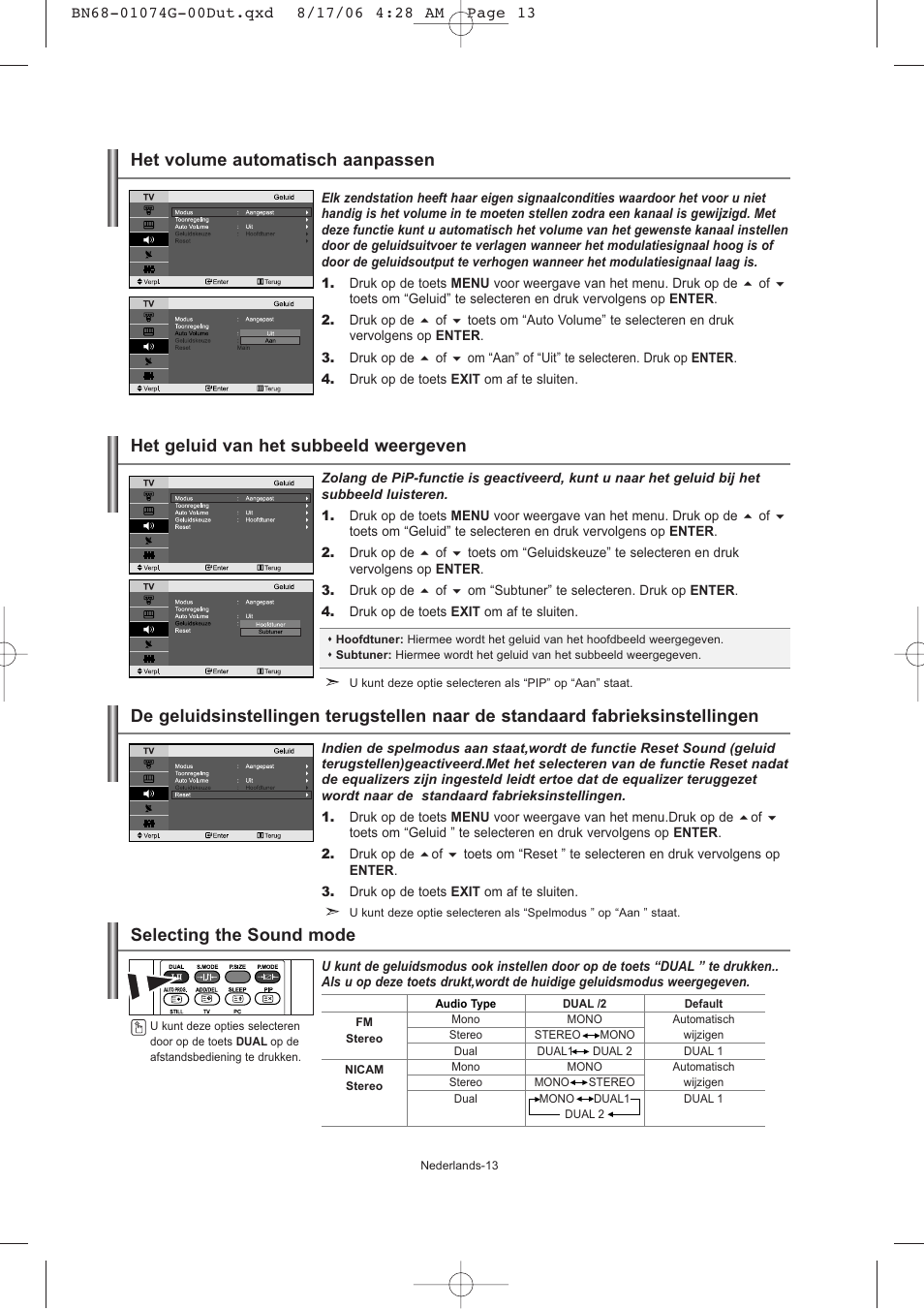 Het geluid van het subbeeld weergeven, Het volume automatisch aanpassen, Selecting the sound mode | Samsung LE23R71B User Manual | Page 78 / 152