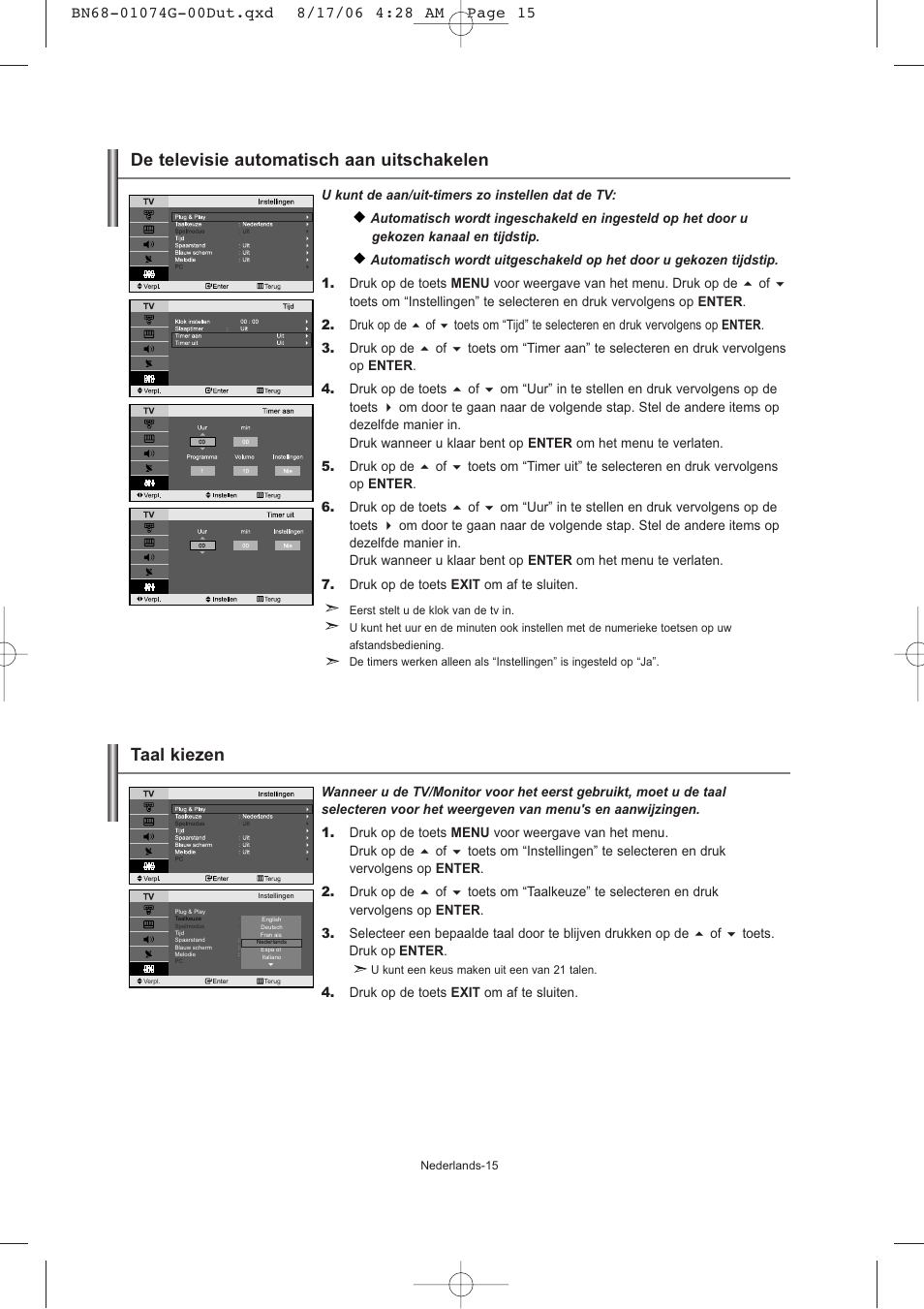 De televisie automatisch aan uitschakelen, Taal kiezen | Samsung LE23R71B User Manual | Page 80 / 152