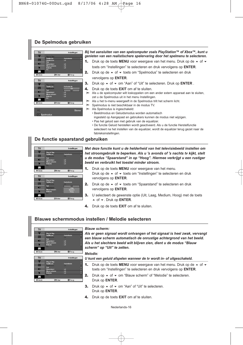 De functie spaarstand gebruiken, Blauwe schermmodus instellen / melodie selecteren, De spelmodus gebruiken | Samsung LE23R71B User Manual | Page 81 / 152